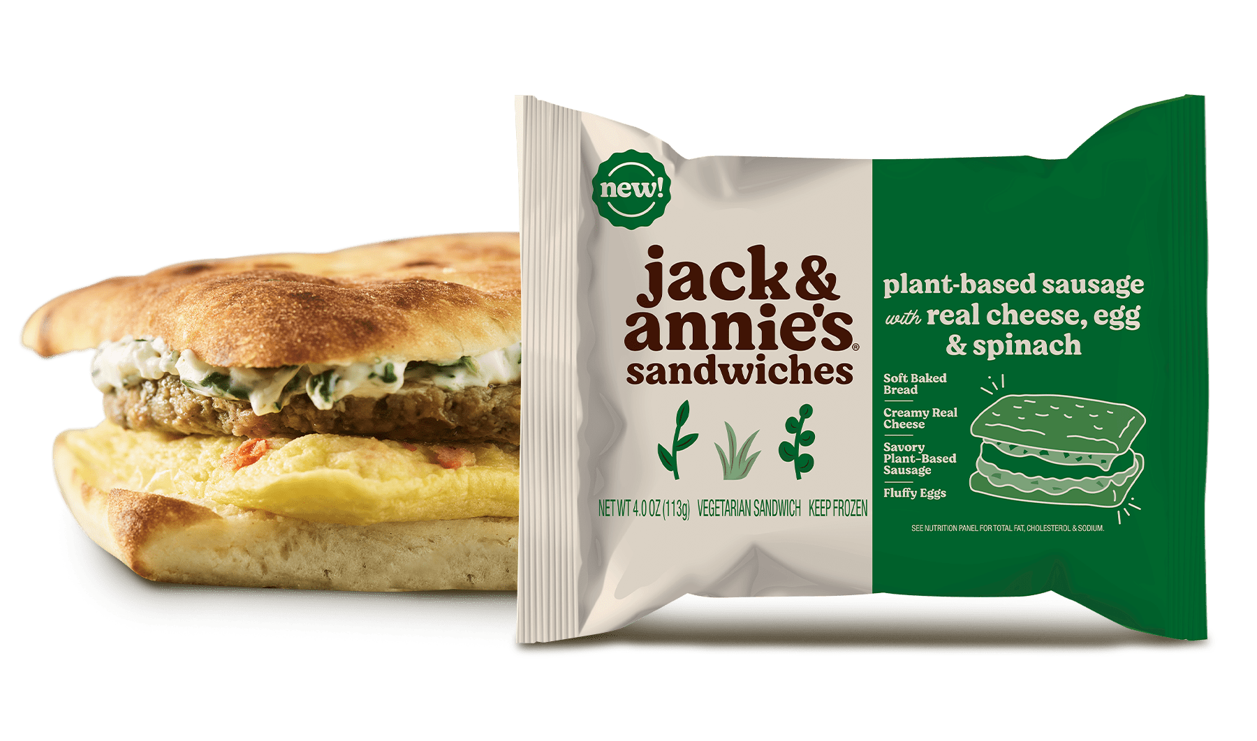 Jack & Annie's Vegetarian Breakfast Sandwich - Spinach, Egg, Cheese and plant-based sausage